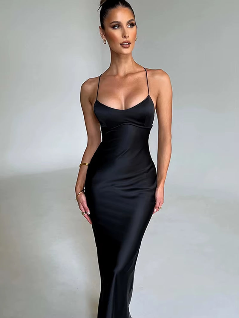 Satin Backless Lace up Mermaid Slip Dress Women Sweetheart Neck Sexy Slim Bodycon Dresses Elegant Silk Gown Partywear