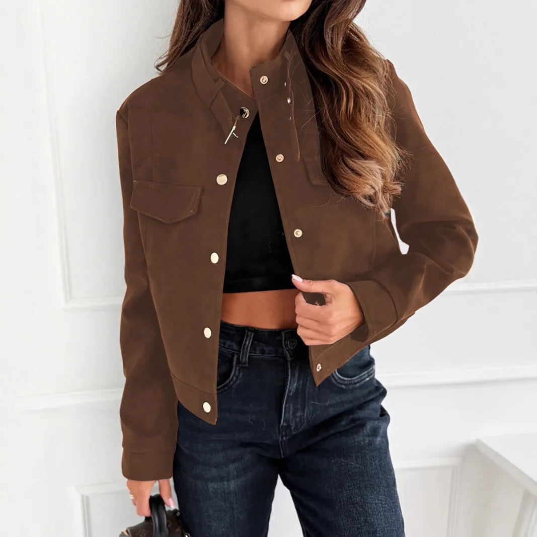 Solid Color Suede Short Jacket Women Stand Collar Metal Snap Design Autumn Wintercasual Y2K Long Sleeve Outerwear Top