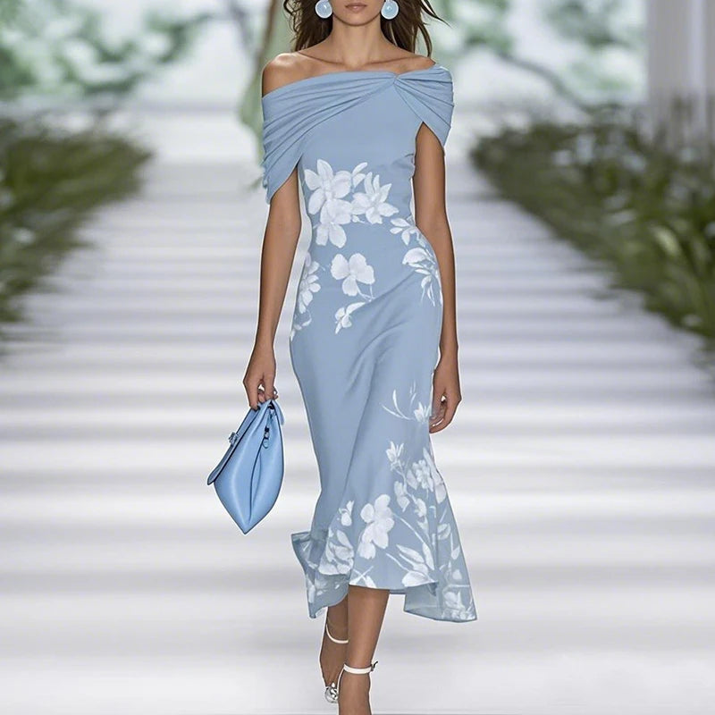 Elegant Floral Print Slim Boho Dress Woman Sexy Slash Neck Knot Hollow Party Dresses Spring Summer off Shoulder Long Dress Mujer