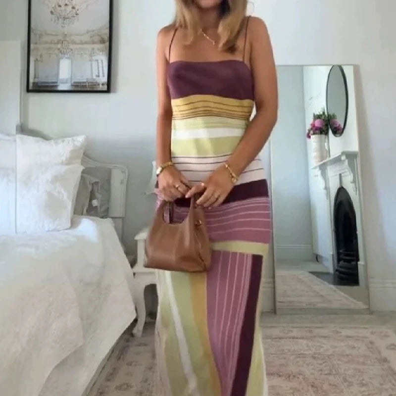 Lady Casual Straps Backless Beach Dress Fashion Stripe Sleeveless Dress Temperament Color Blocking Slim off Shoulder Slit Dress