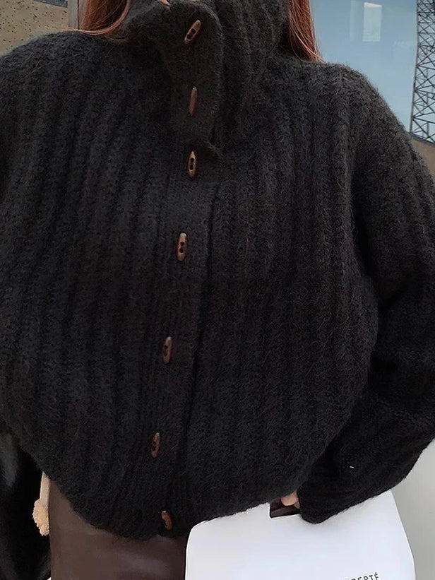 Elegant Loose Turtleneck Women'S Sweater 2025 Korean Style Vintage Cardigan Knitted Jackets Winter Casual Thickened Knitwear Top