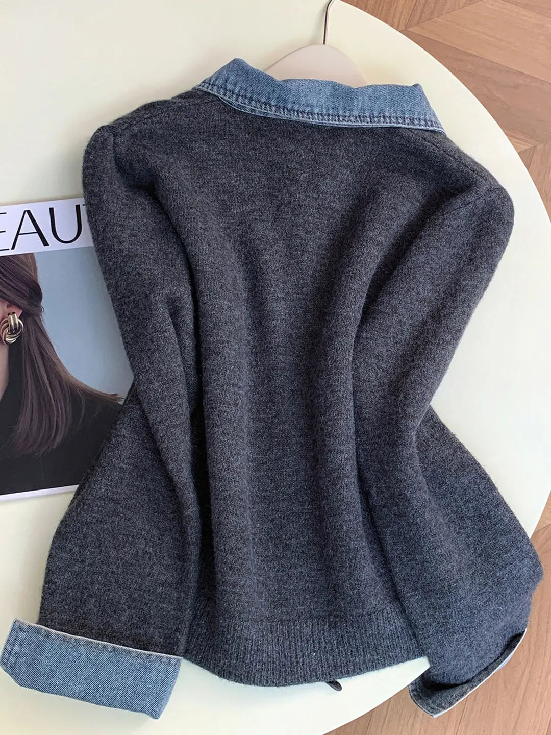 Lapel Collar Long Sleeve Denim Patchwork Cardigan Women Double Zipper Knit Sweater Coat Fake Two-Piece Sweater Fall Winter
