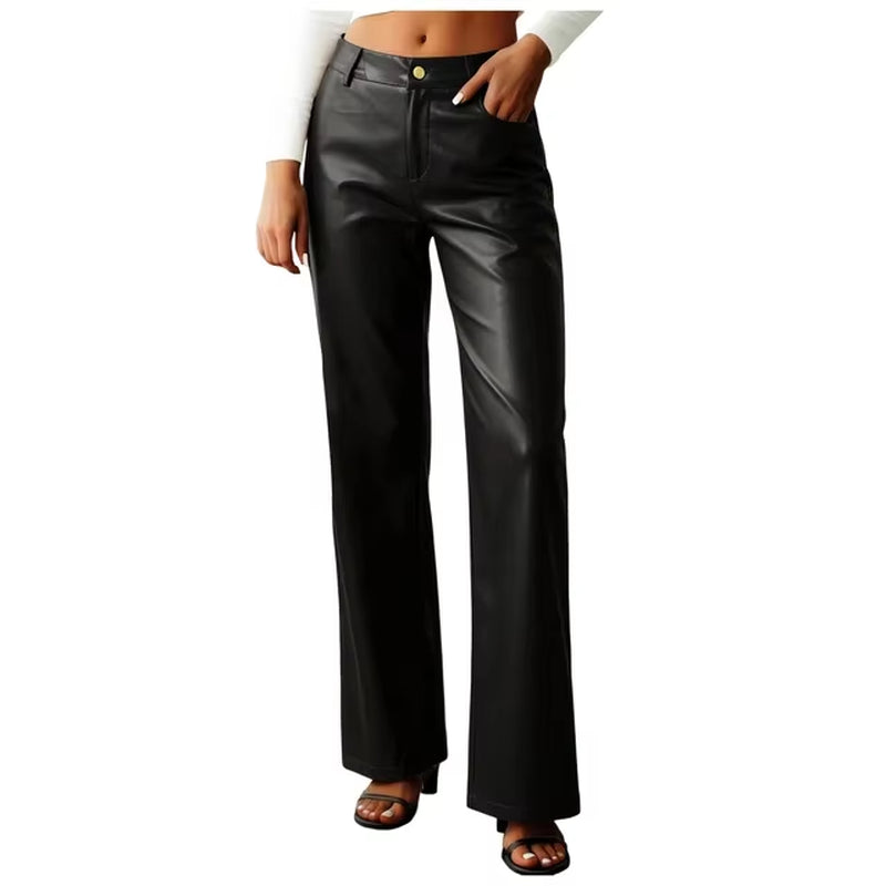 Vintage Faux Leather Pants for Women Trendy Street High Waist Straight Leg Pants Elegant PU Leather Y2K Trousers with Pockets