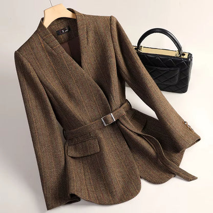 Small Fragrant Style Wool Woolen Blazer Women Autumn Winter Jacket New Striped Suit Top Winter Thicken Coat Lady Office Blazers