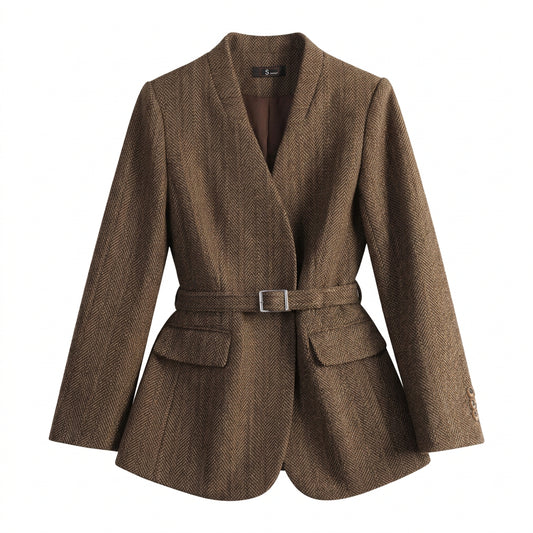 Small Fragrant Style Wool Woolen Blazer Women Autumn Winter Jacket New Striped Suit Top Winter Thicken Coat Lady Office Blazers