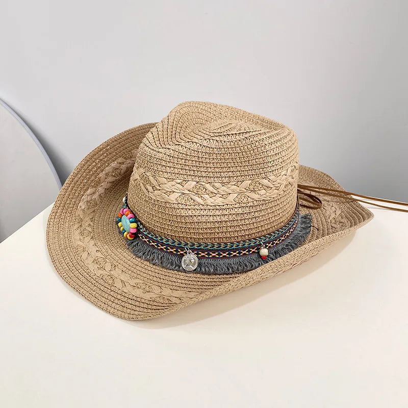 Ethnic Style Woven Western Cowboy Straw Hat, Large Brim for Sun Protection in Summer, Suitable for Daily Outings, Beach Vacations, and Grassland Travel