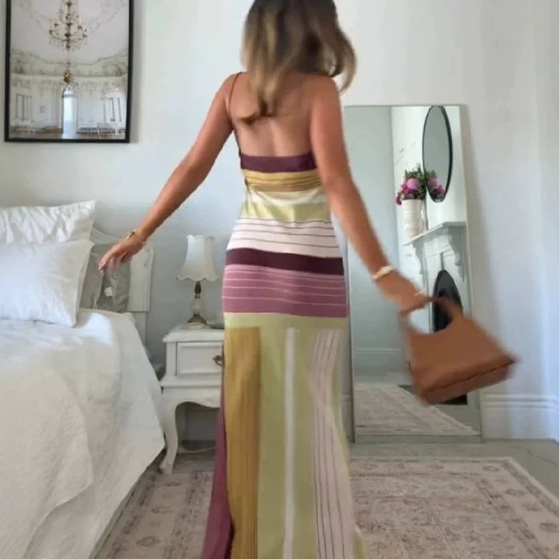 Lady Casual Straps Backless Beach Dress Fashion Stripe Sleeveless Dress Temperament Color Blocking Slim off Shoulder Slit Dress