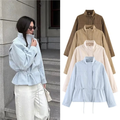 Women'S Jackets Autumn New Fashion Stand Neck Long Sleeve Drawstring Waist Coats Causal Female Simple Outerwear Chic Top