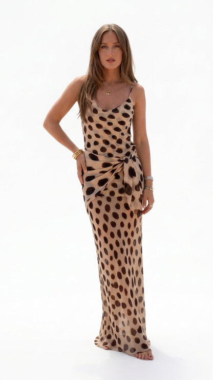 Elegant Animal Print Maxi Dress Detachable Scarf Spaghetti Strap Tie Waist Slim Fit Skirt Women Summer Party Vacation Outfit New