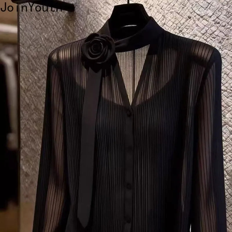 Black Blouses 2026 Blusas Mujer De Moda V-Neck Long Sleeve Temperament Lady Tops Chic 3D Floral See through Summer Loose Shirts