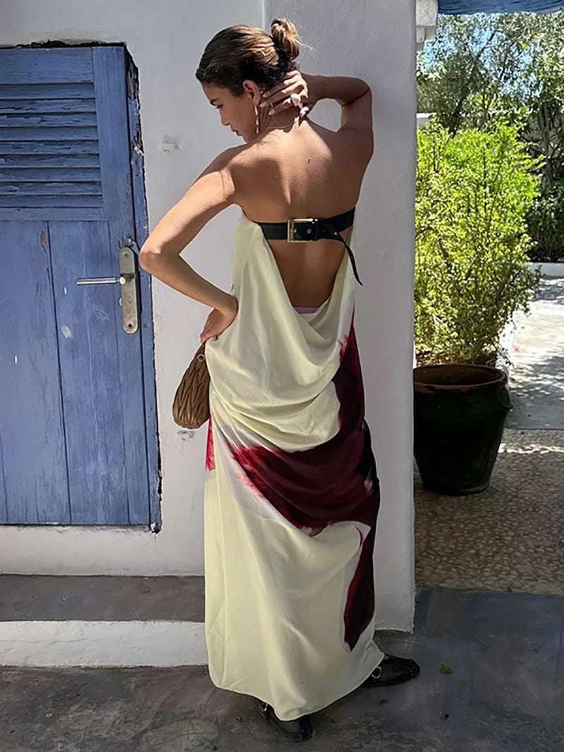 Sexy Strapless Print Floral Belt Women Maxi Dress Yellow Backless Vacation Dress Summer Loose Elegant Party Beachwear