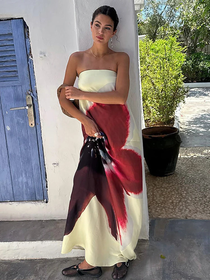 Sexy Strapless Print Floral Belt Women Maxi Dress Yellow Backless Vacation Dress Summer Loose Elegant Party Beachwear