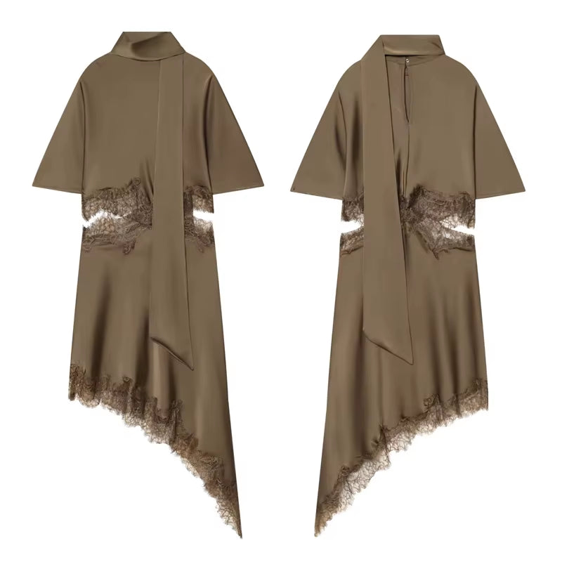 Asymmetric Lace-Detail Midi Dress