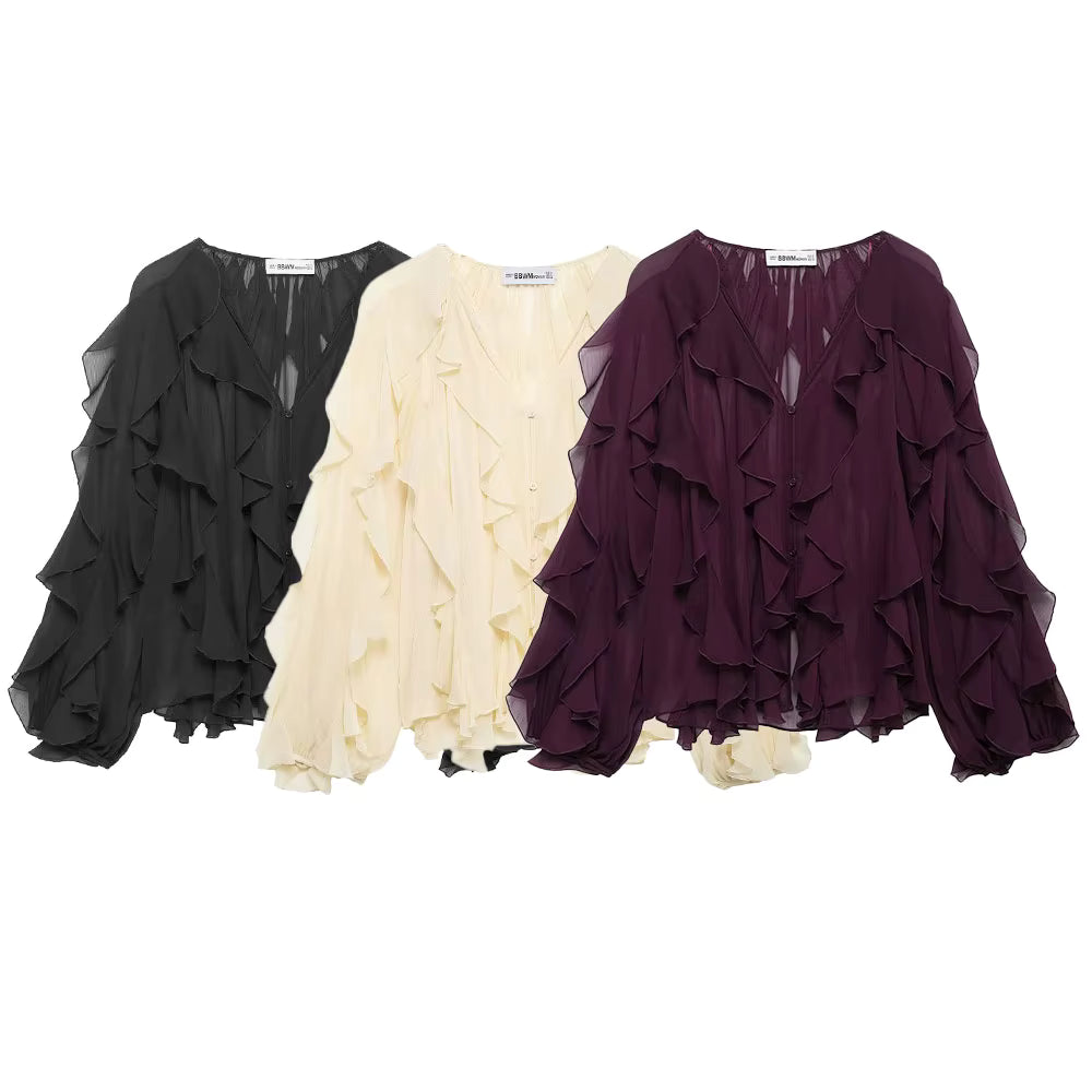 The Ruffled V-Neck Long Sleeve Blouse