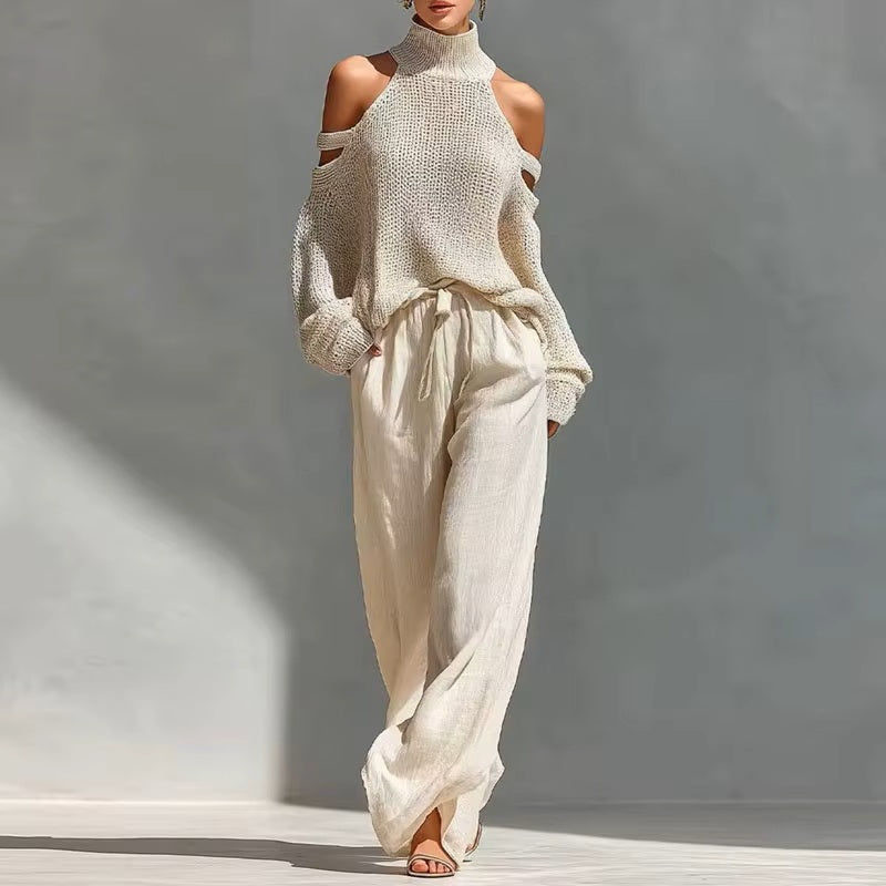 Cold-Shoulder Knit Sweater & Wide-Leg Trousers Set