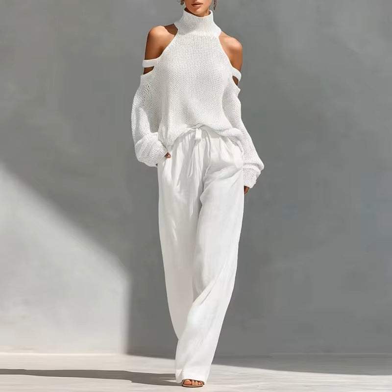 Cold-Shoulder Knit Sweater & Wide-Leg Trousers Set
