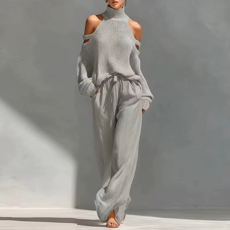 Cold-Shoulder Knit Sweater & Wide-Leg Trousers Set