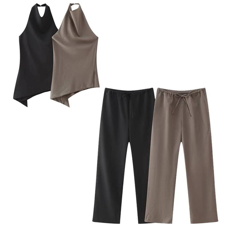 Asymmetric Satin Halter Top & Lace-Up Trousers Set
