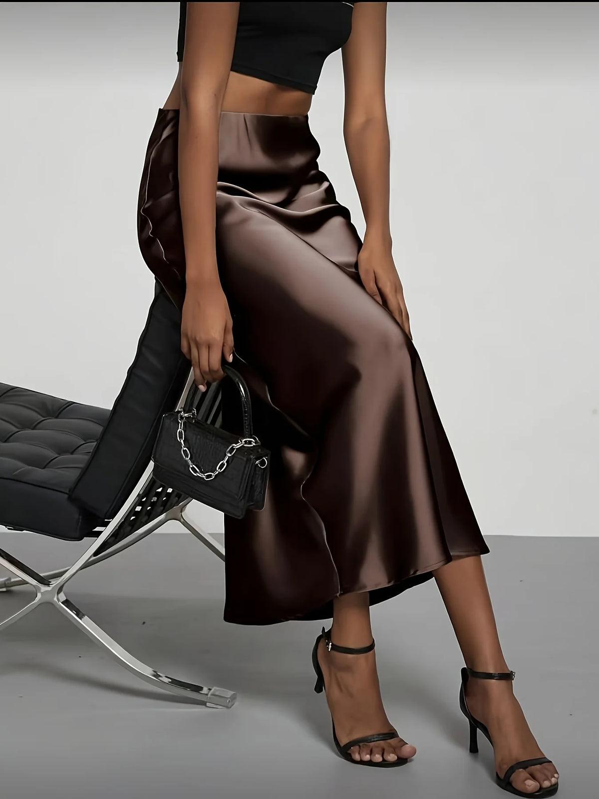 Women'S Satin Midi Skirt, High‑Waisted Slim Straight, Elegant Draping, Mature Versatile for Commute, Vacation & Parties
