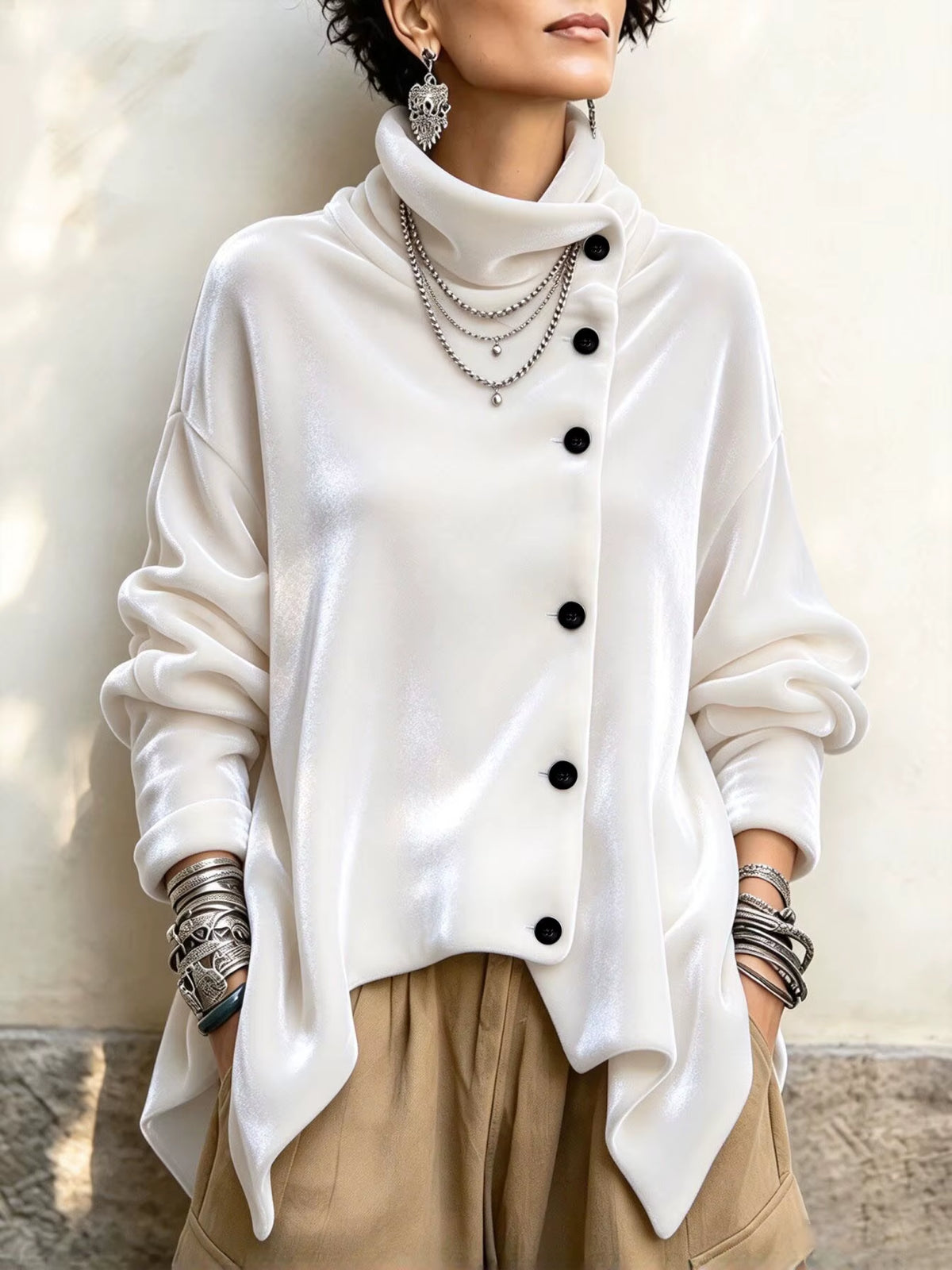 Women Velvet Irregular Hem Jackets High Neck Long Sleeve Button down Loose Coats Casual Fall Winter Vintage Streetwear Outerwear
