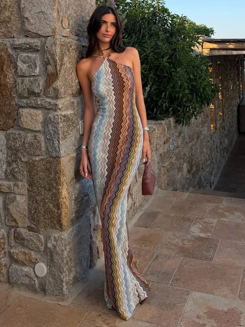 Fashion Chic Dress Woman Trend Zigzag Stripe Halter off Shoulder Backless High Waist Robe Vacation Elegant Vestidos