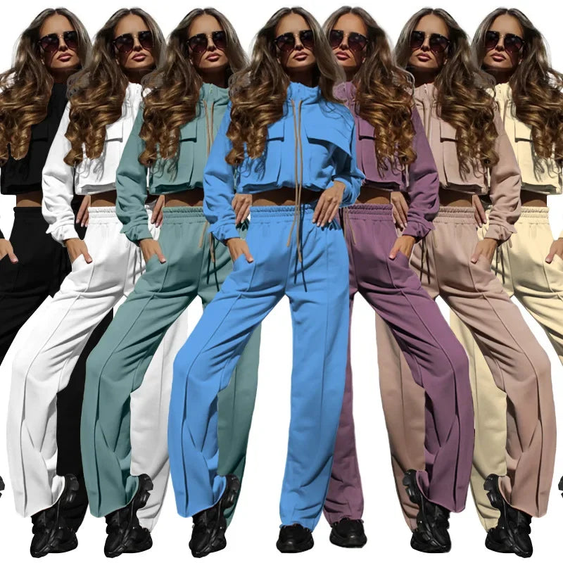 Autumn/Winter New Solid Color Zipper Double Bag Long Sleeve Top Fashionable Casual Trousers Suit Women'S