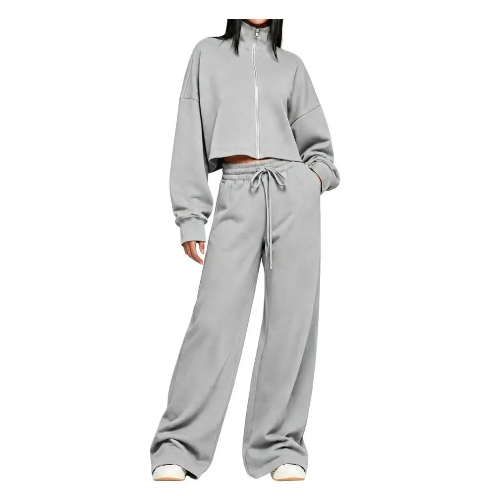 Drawstring Pants Women’S Fall Jacket Pants Set Stand Collar Zip-Up Outerwear Drawstring Wide Leg Two-Piece Suit for Ladies Two
