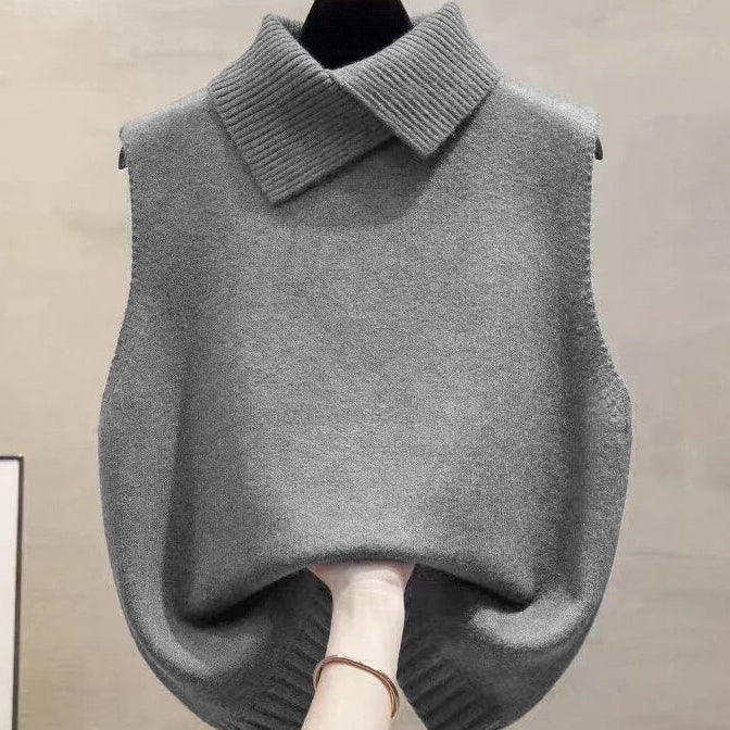 Autumn Winter Korean Solid Color Lapel Sleeveless Versatile Casual Knitted Vest for Women
