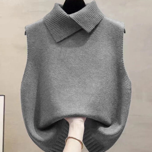 Autumn Winter Korean Solid Color Lapel Sleeveless Versatile Casual Knitted Vest for Women