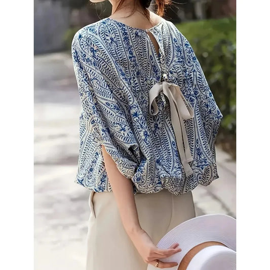 Plus Size 1XL-5XL Elegant Blouses Women Vintage Bow Bandage Print Shirts Office Lady Tops