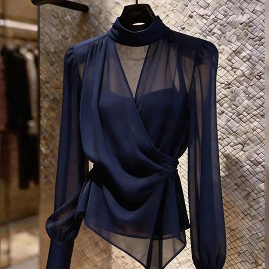 2026 Camisas De Mujer Summer Blouses for Women'S Chic Slim Waist Gauze Sexy Tops V-Neck Long Sleeve See through Blouse Shirts