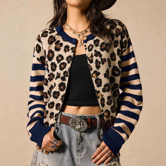 Cardigan Women Sweaters Coats Vintage Leopard Print Jackets Jumpers Y2K Streetwear Elegant Knit round Neck Autumn Winter 2026