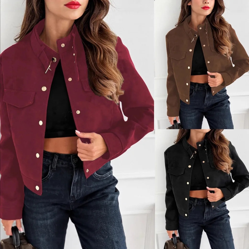 Solid Color Suede Short Jacket Women Stand Collar Metal Snap Design Autumn Wintercasual Y2K Long Sleeve Outerwear Top