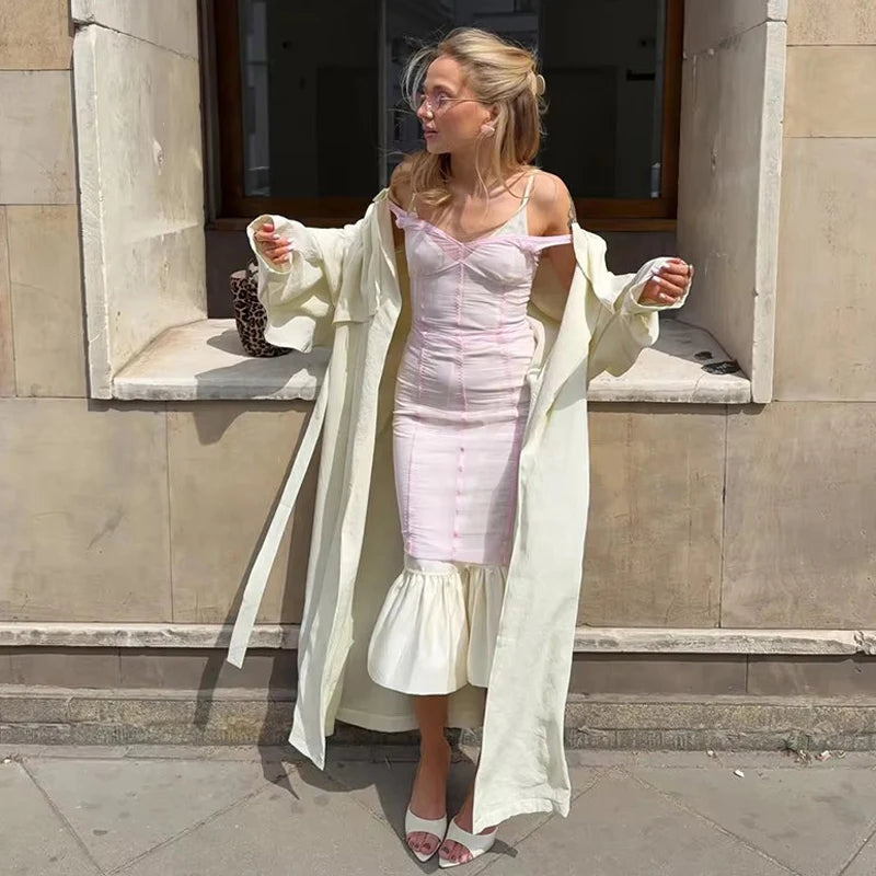 Women Nude Lace Trim Spaghetti Strap Lace Hem Midi Dress Elegant Deep V Sleeveless Bodycon Skirt 2026 Street Daily Dating Outfit