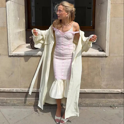Women Nude Lace Trim Spaghetti Strap Lace Hem Midi Dress Elegant Deep V Sleeveless Bodycon Skirt 2026 Street Daily Dating Outfit
