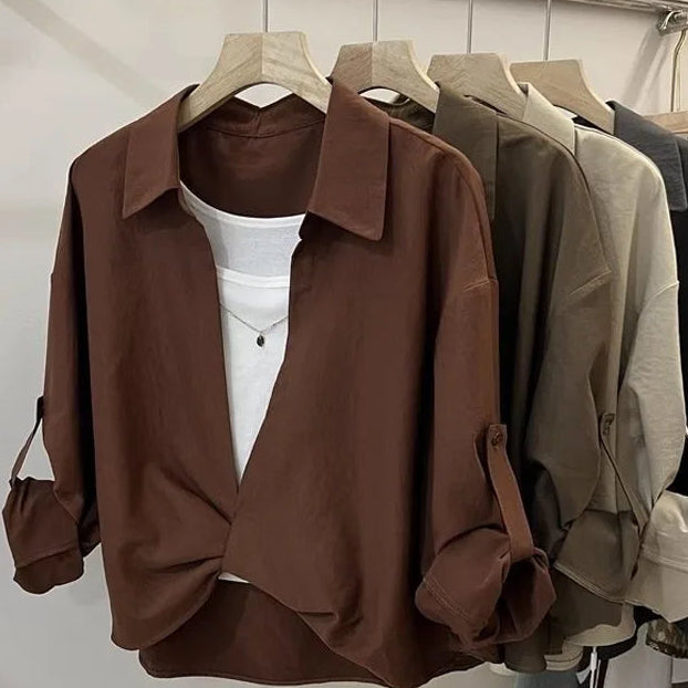 Fashion Simplicity Elegant Trend Spring Summer Pullover Topslong Sleevepolo Collar Fake Two Long Sleeved Shirts for Women