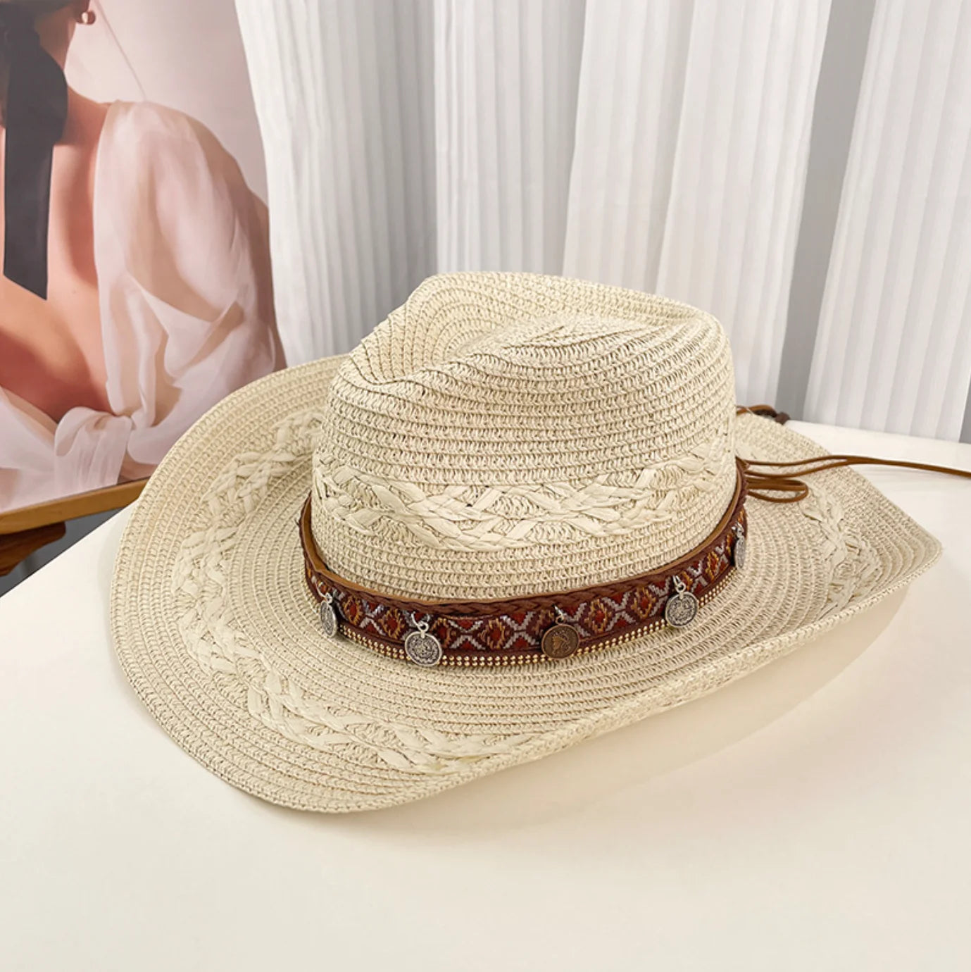 Ethnic Style Woven Western Cowboy Straw Hat, Large Brim for Sun Protection in Summer, Suitable for Daily Outings, Beach Vacations, and Grassland Travel
