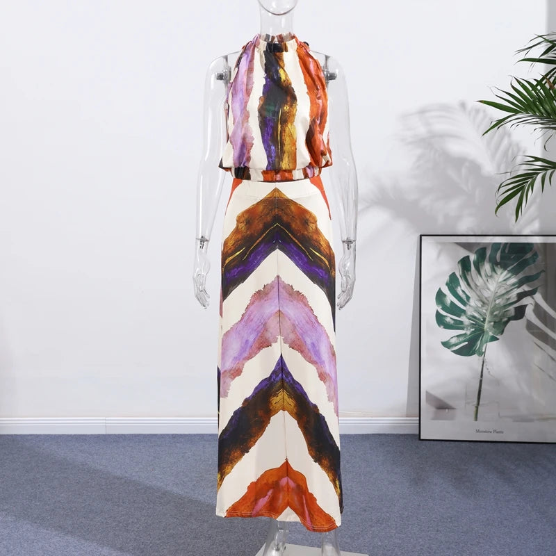 Elegant Sleeveless Backless Halter Crop Top High Waist Maxi Skirt Fashion Printed Skirt Set for Women Summer New Lady 2 Pcs Suit
