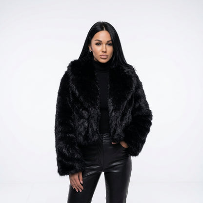 Black Faux Fur Coat for Women Autumn Winter Plush Coats and Jackets Streetwear Outerwears Long Sleeve Warm Womens Coats