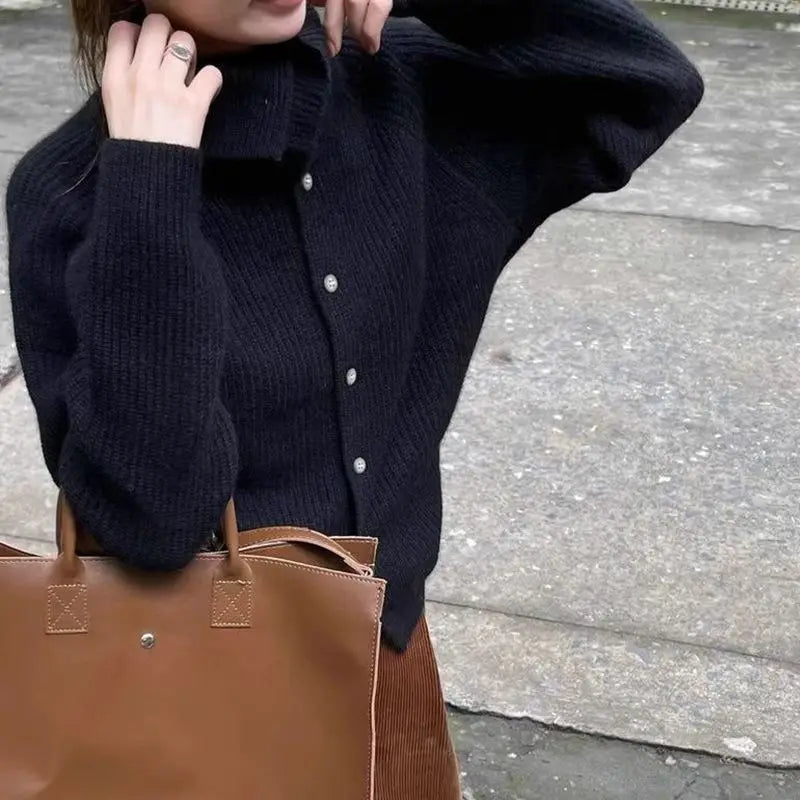 Solid Color Single-Breasted Fashion Knitted Cardigan for Women'S Spring and Autumn New High-Neck Long-Sleeved Versatile Sweater