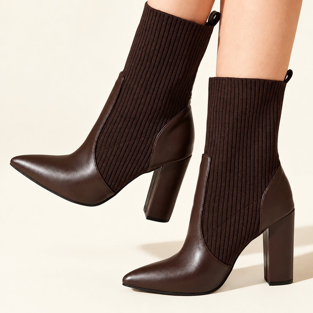 CUCCOO BASICS Women'S Fashion Brown Fabric Elastic Pointed Toe Chunky Heel Mid-Calf Boots, Suitable for Commute, Dating, Party, Holiday, Festival for Vibe and Spring Shoes Spring Break Easter for Christmas Spring Shoes Fall Shoes