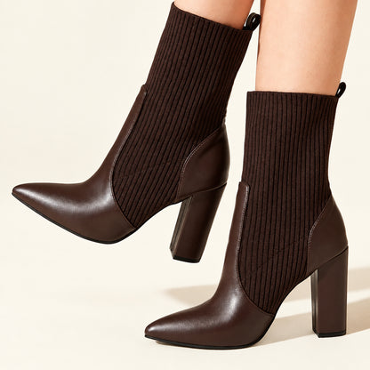 CUCCOO BASICS Women'S Fashion Brown Fabric Elastic Pointed Toe Chunky Heel Mid-Calf Boots, Suitable for Commute, Dating, Party, Holiday, Festival for Vibe and Spring Shoes Spring Break Easter for Christmas Spring Shoes Fall Shoes