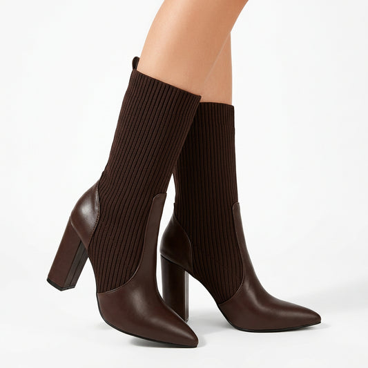 CUCCOO BASICS Women'S Fashion Brown Fabric Elastic Pointed Toe Chunky Heel Mid-Calf Boots, Suitable for Commute, Dating, Party, Holiday, Festival for Vibe and Spring Shoes Spring Break Easter for Christmas Spring Shoes Fall Shoes