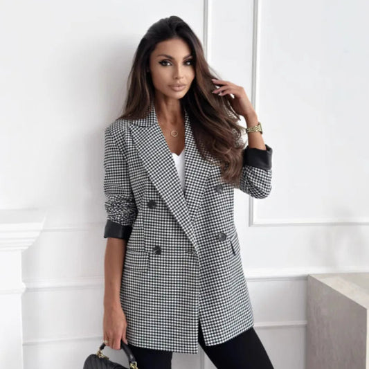Casual Long Sleeve Double Breasted Women'S Blazer Spring Autumn Cross-Border Checkered Loose Fit Medium Length Commute Style