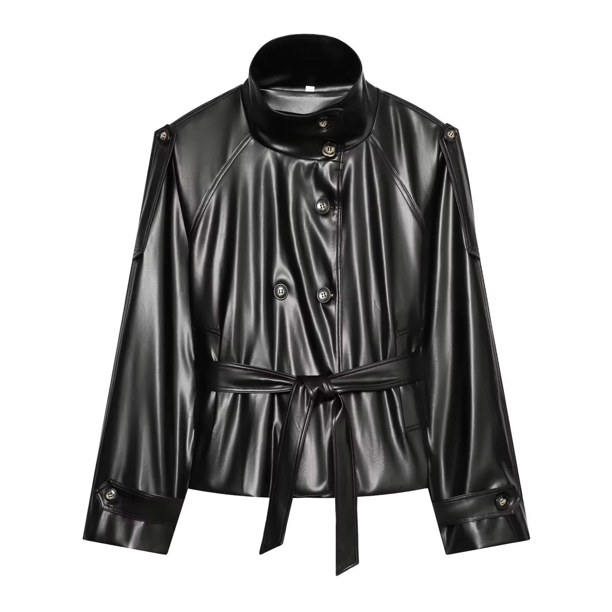 Fall New Arrival Women'S High Collar Long Sleeve Double Breasted Belted Short Length Coat French Style Loose Fit Polyester