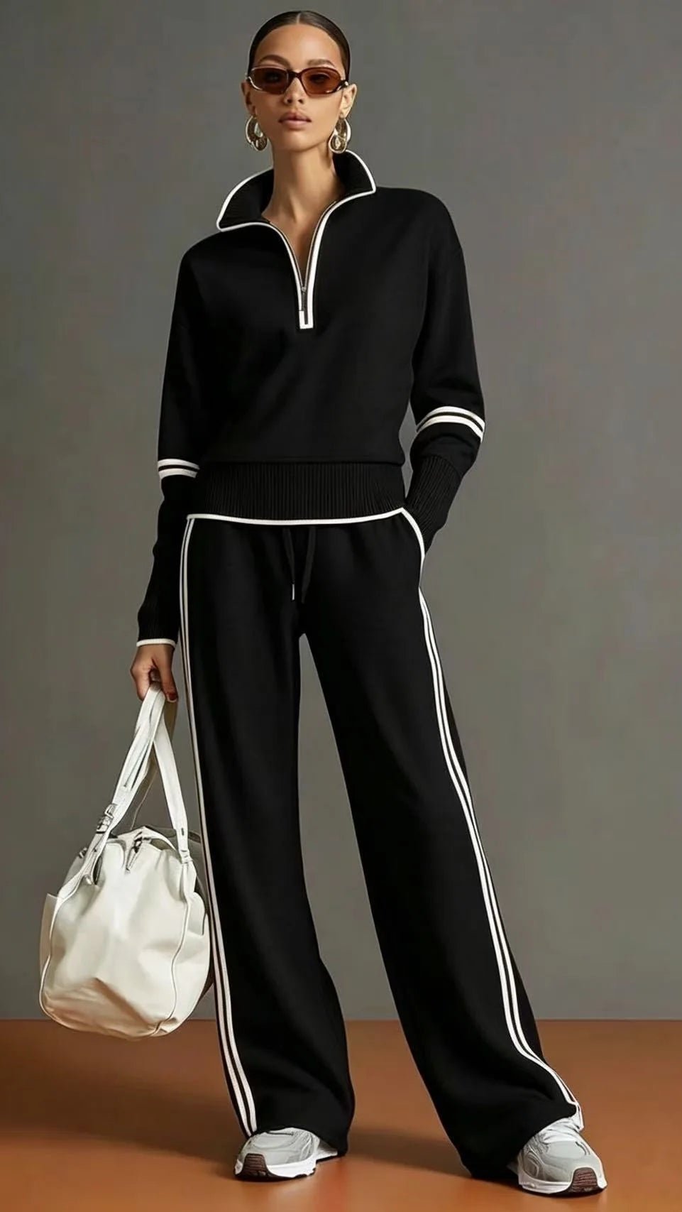 Fall Spring Womens Casual Sports 2Piece Set Suit Contrasting Color Stand-Up Collar Sweatshirt Wide-Leg Pants Two-Piece Set Women