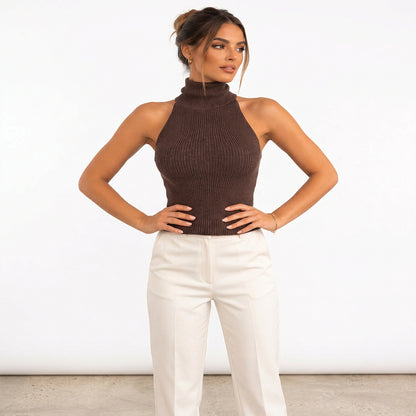 Coffee ribbed backless top front view