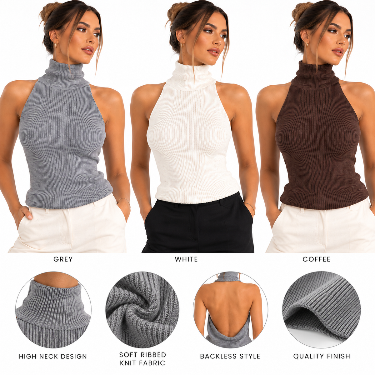Grey white and coffee colour options for the backless ribbed knit top, with fabric and back details