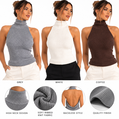 Grey white and coffee colour options for the backless ribbed knit top, with fabric and back details