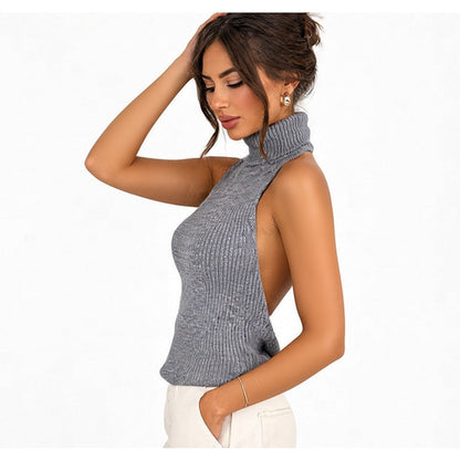 Grey backless ribbed top side pose